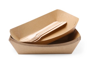 Photo of Set of disposable containers and wooden forks isolated on white