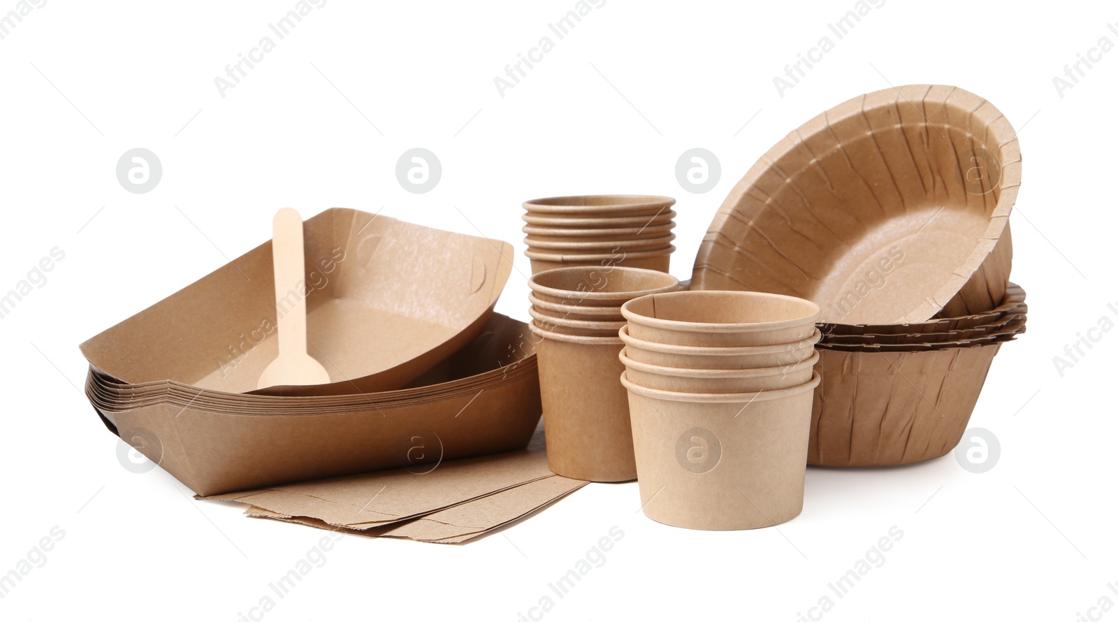 Photo of Set of disposable tableware isolated on white