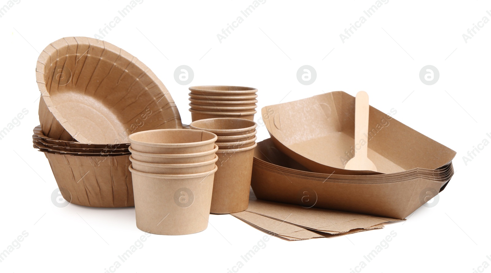 Photo of Set of disposable tableware isolated on white