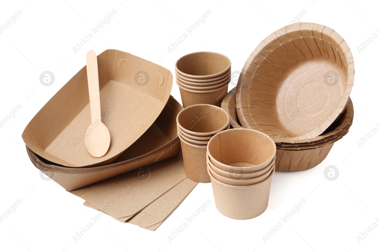 Photo of Set of disposable tableware isolated on white
