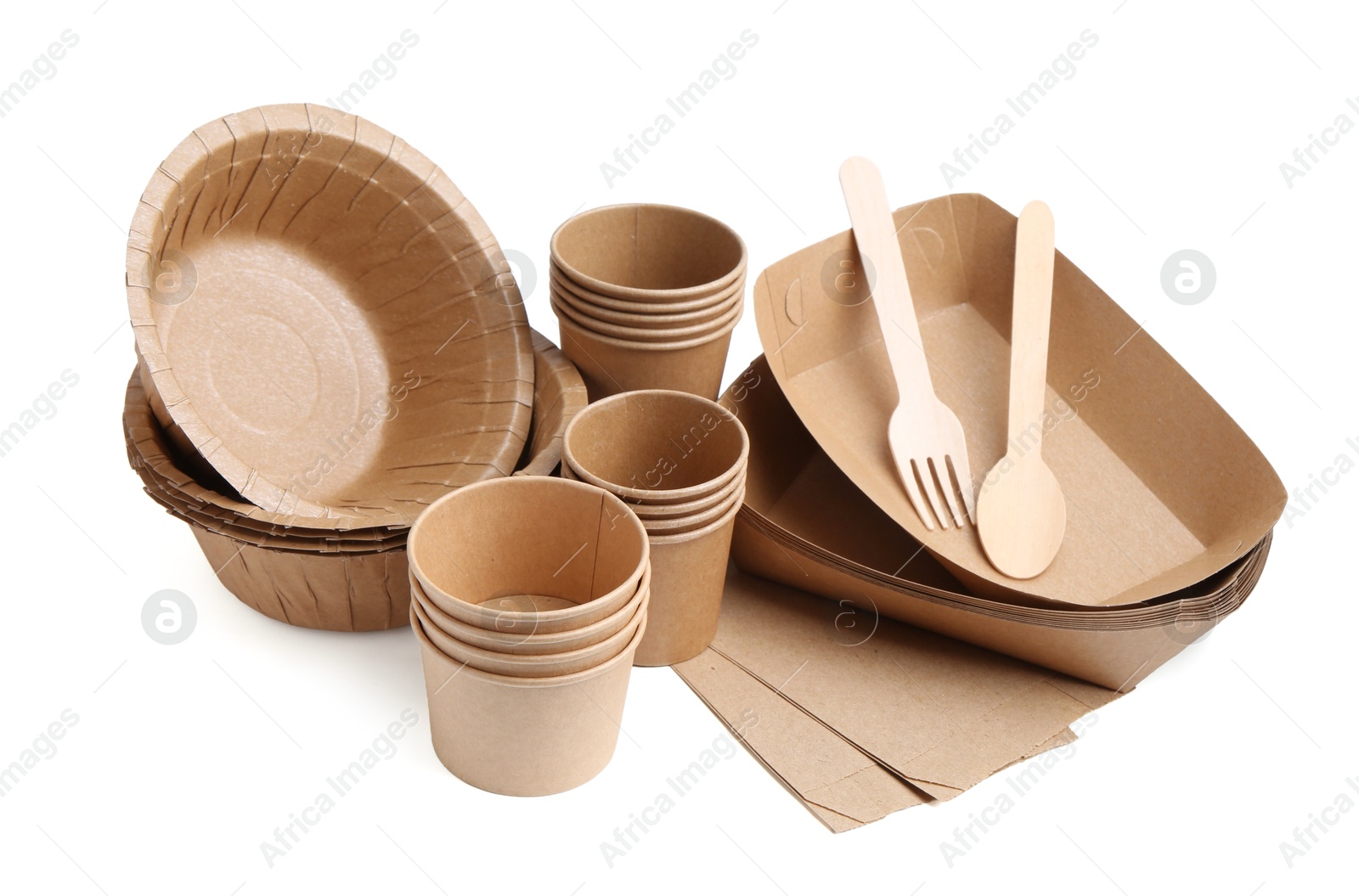 Photo of Set of disposable tableware isolated on white