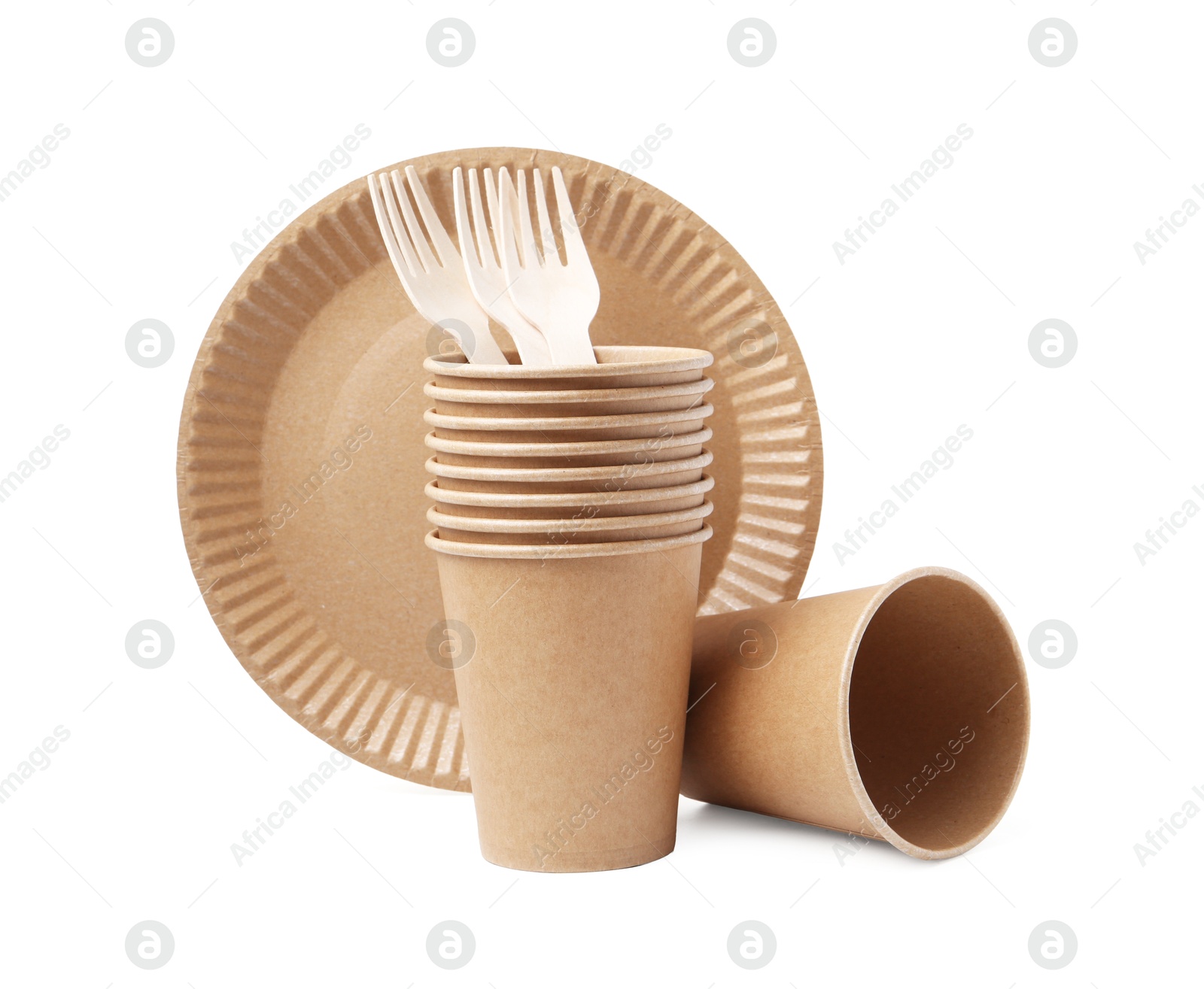 Photo of Set of disposable tableware isolated on white