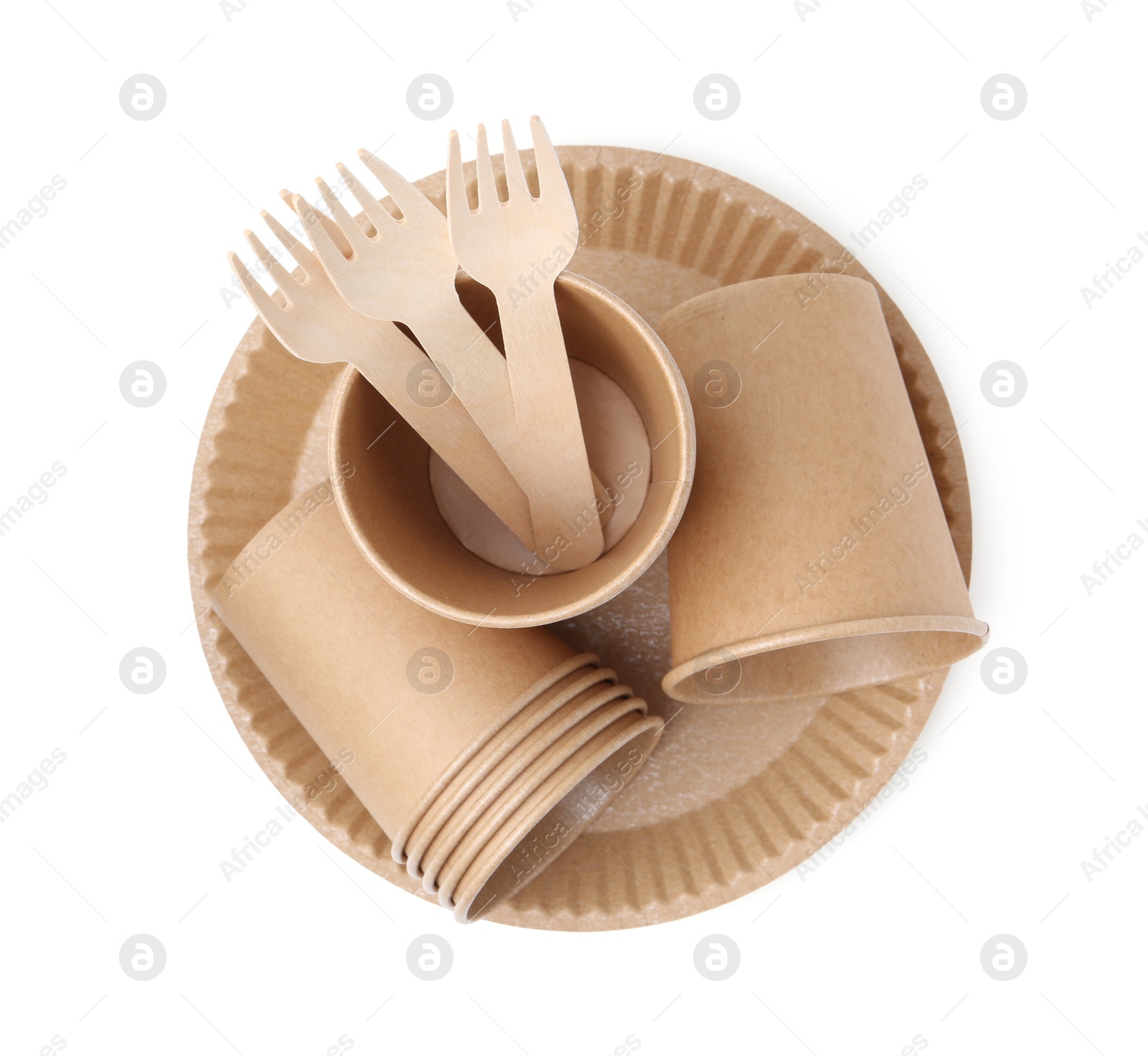 Photo of Set of disposable tableware isolated on white, top view