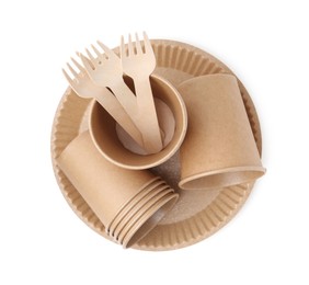 Photo of Set of disposable tableware isolated on white, top view
