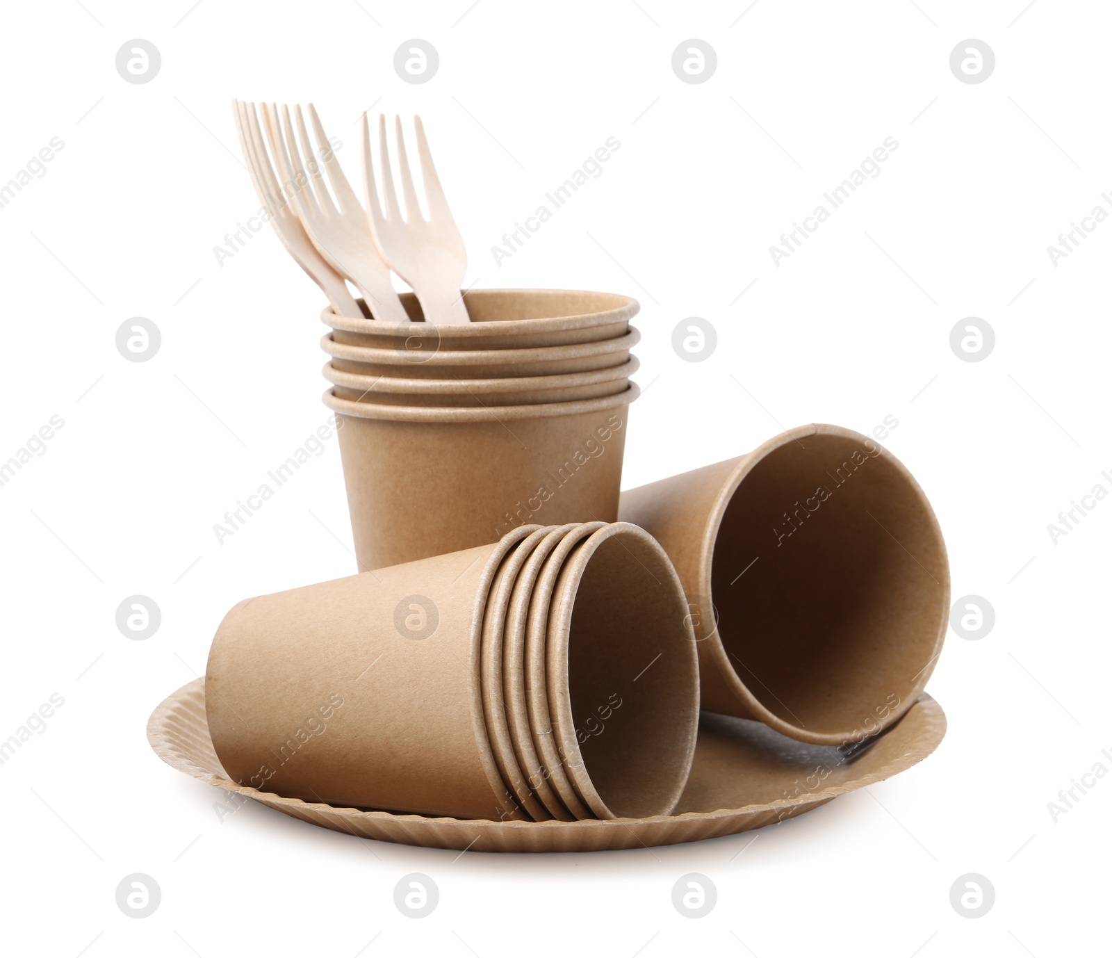 Set of disposable tableware isolated on white Photo of Set of disposable tableware isolated on white