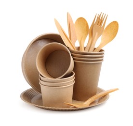 Photo of Set of disposable tableware isolated on white