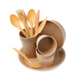 Photo of Set of disposable tableware isolated on white