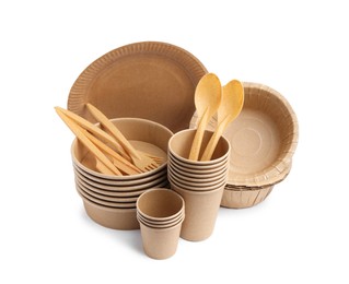 Photo of Set of disposable tableware isolated on white