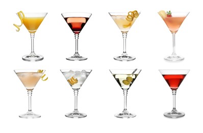 Image of Different cocktails in martini glasses isolated on white, set