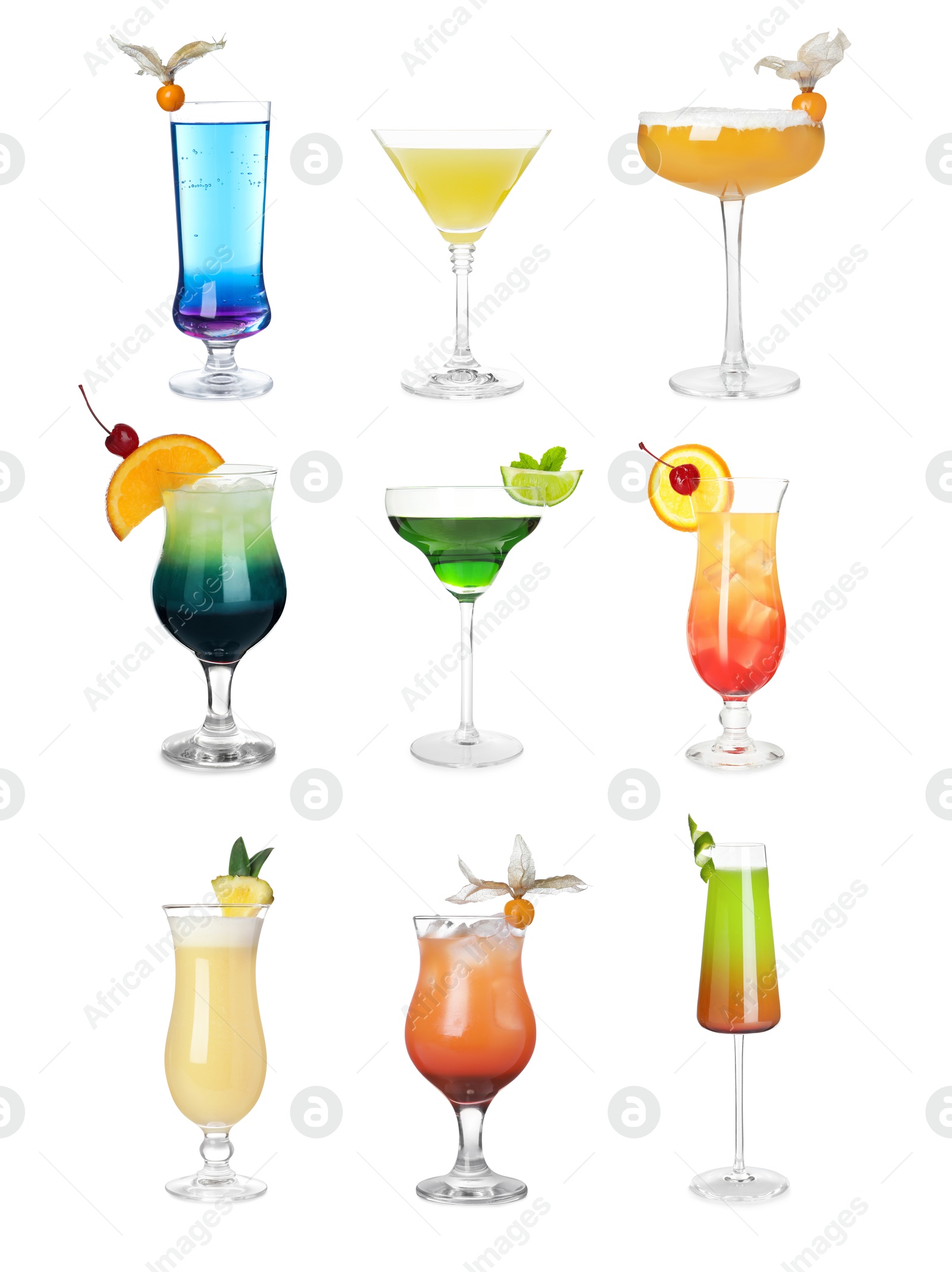 Image of Variety of cocktails on glasses isolated on white, set