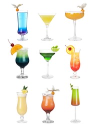 Image of Variety of cocktails on glasses isolated on white, set