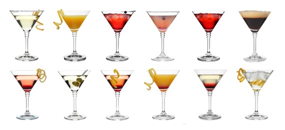 Image of Different cocktails in martini glasses isolated on white, set