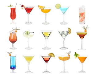 Image of Variety of cocktails on glasses isolated on white, set