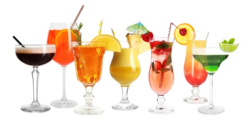 Image of Variety of cocktails on glasses isolated on white, collection