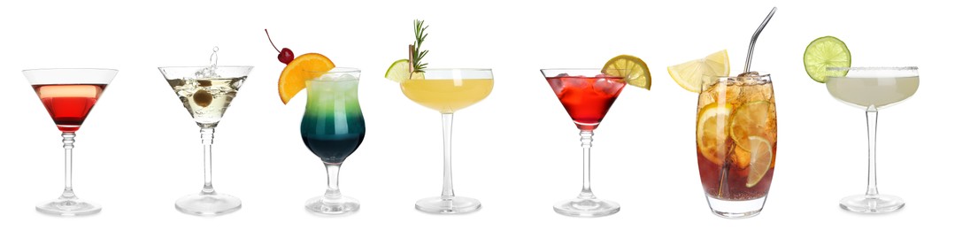 Image of Variety of cocktails on glasses isolated on white, set