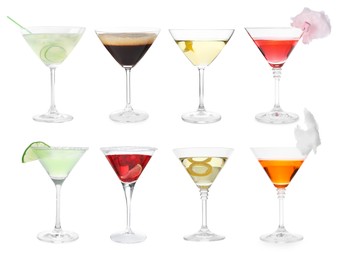 Image of Different cocktails in martini glasses isolated on white, set