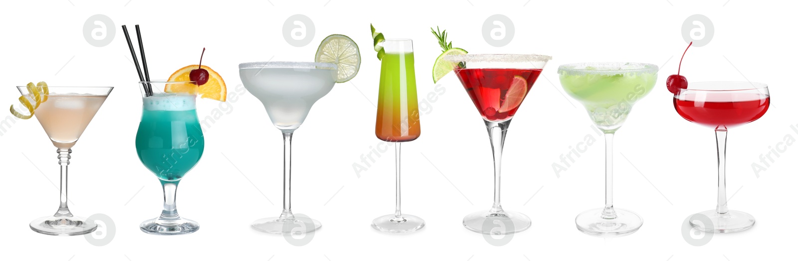 Image of Variety of cocktails on glasses isolated on white, set