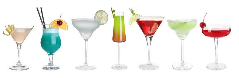 Image of Variety of cocktails on glasses isolated on white, set