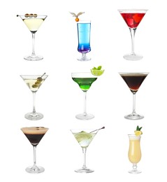 Image of Variety of cocktails on glasses isolated on white, set