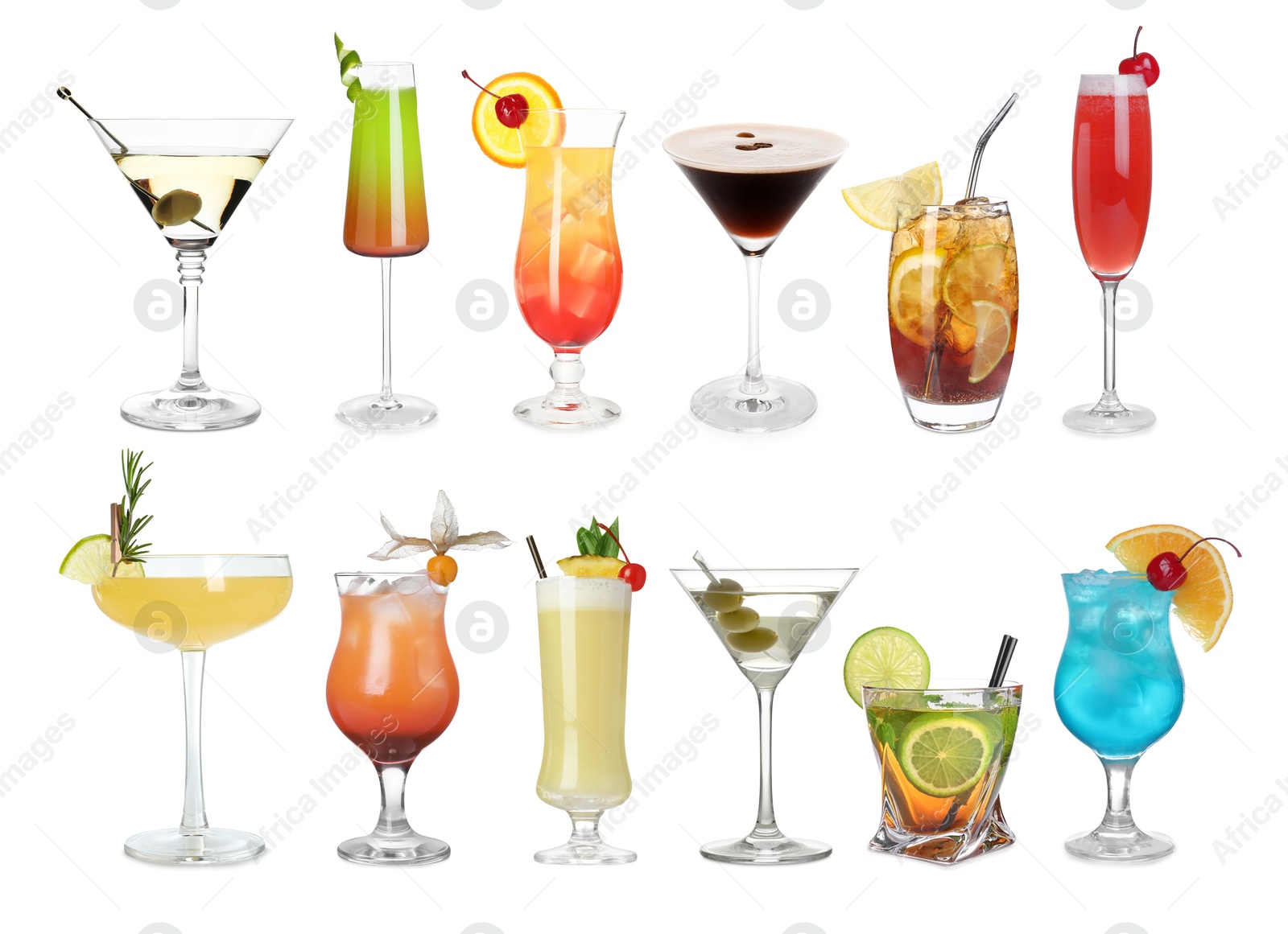 Image of Variety of cocktails on glasses isolated on white, set