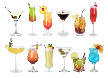 Image of Variety of cocktails on glasses isolated on white, set
