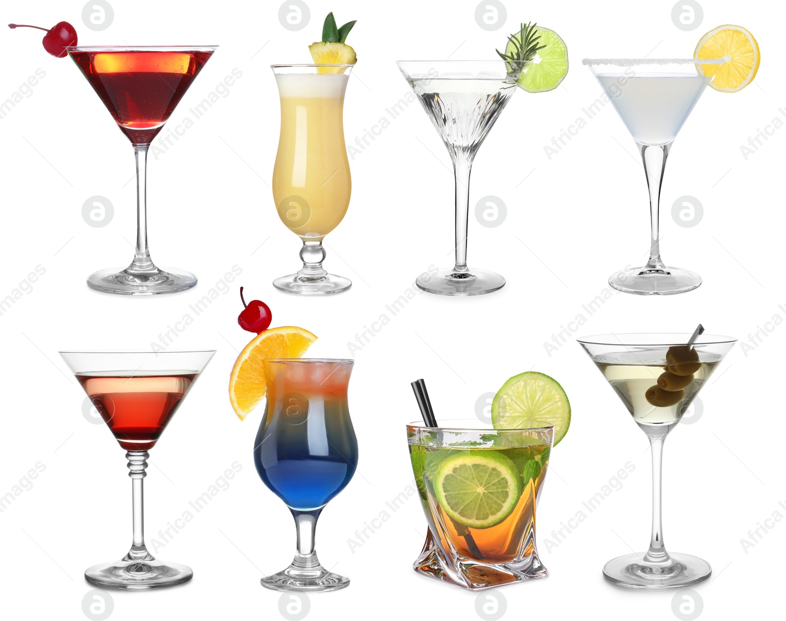 Image of Variety of cocktails on glasses isolated on white, set