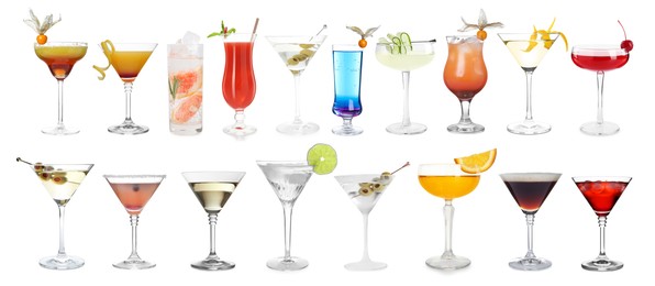Image of Variety of cocktails on glasses isolated on white, set