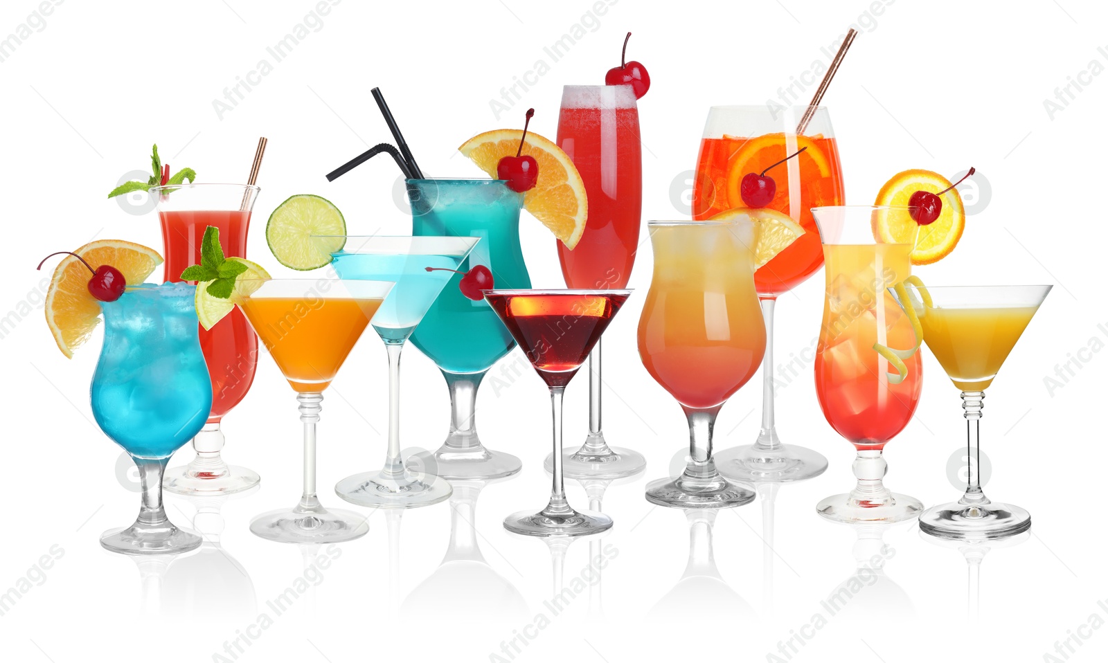 Image of Variety of cocktails on glasses isolated on white, collection