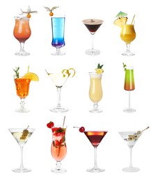 Image of Variety of cocktails on glasses isolated on white, set