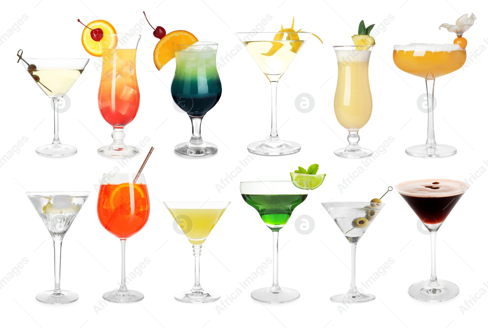 Image of Variety of cocktails on glasses isolated on white, set