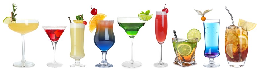 Image of Variety of cocktails on glasses isolated on white, set