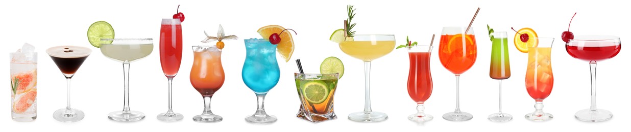 Image of Variety of cocktails on glasses isolated on white, set