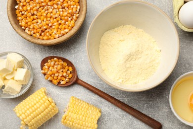 Photo of Cornbread preparation. Different ingredients on light grey table, flat lay