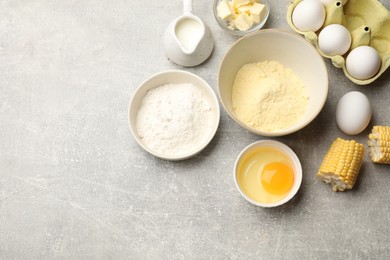 Photo of Cornbread preparation. Different ingredients on light grey table, flat lay. Space for text
