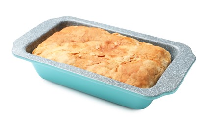 Photo of Freshly baked cornbread in baking dish isolated on white
