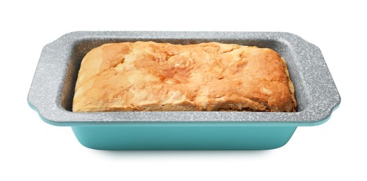 Photo of Freshly baked cornbread in baking dish isolated on white