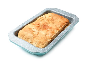 Photo of Freshly baked cornbread in baking dish isolated on white