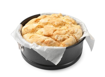 Photo of Freshly baked cornbread in cake pan isolated on white