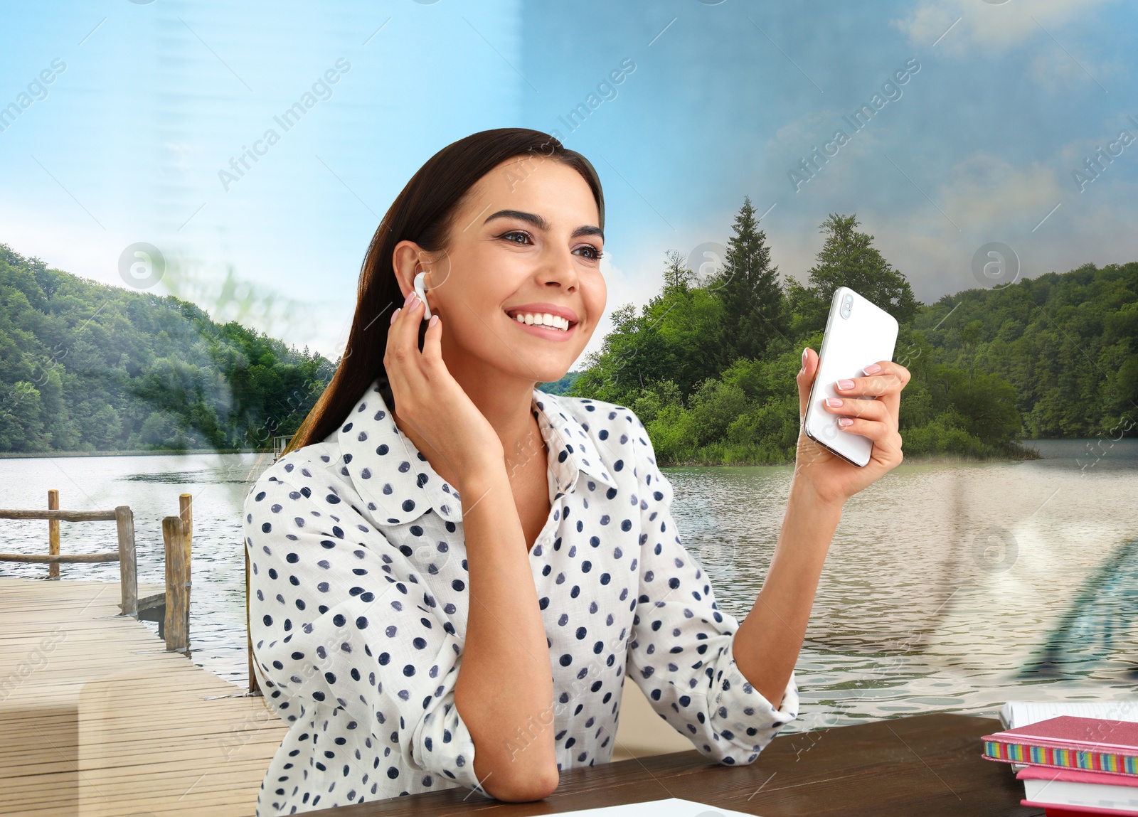 Image of Happy woman listening to sounds of nature which comfort her. Double exposure of room and landscapes