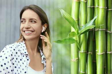 Image of Happy woman listening to sounds of nature which making her feel comfort. Double exposure with bamboo plants