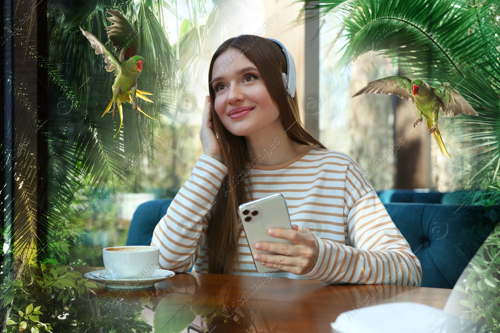 Image of Happy woman listening to sounds of nature which making her feel calm. Double exposure of cafe and tropical island