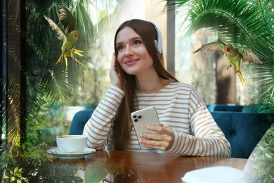 Image of Happy woman listening to sounds of nature which making her feel calm. Double exposure of cafe and tropical island