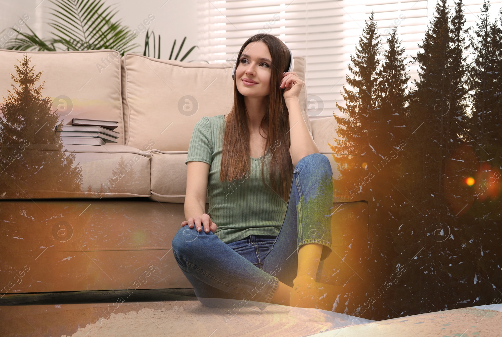 Image of Happy woman listening to sounds of nature which making her feel calm. Double exposure of room and mountain landscape