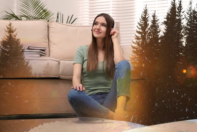Image of Happy woman listening to sounds of nature which making her feel calm. Double exposure of room and mountain landscape