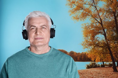 Image of Senior man listening to sounds of nature which making him feel calm. Double exposure with landscape