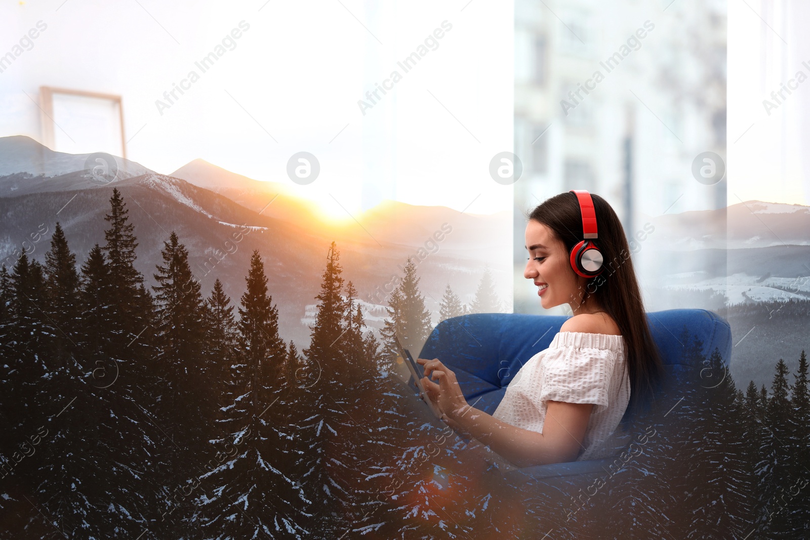Image of Woman listening to sounds of nature which making her feel calm. Double exposure of room and mountain landscape