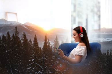 Image of Woman listening to sounds of nature which making her feel calm. Double exposure of room and mountain landscape