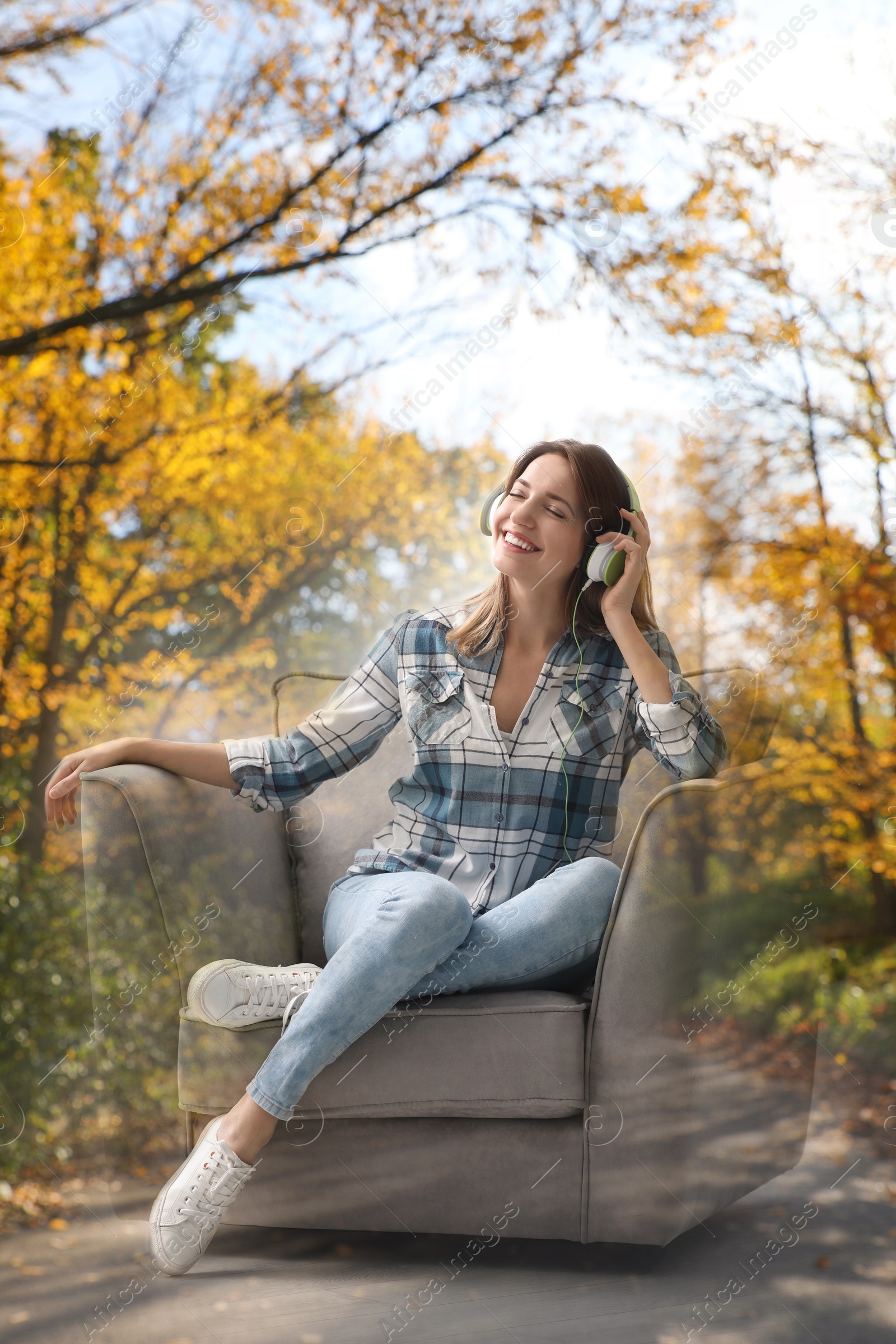 Image of Woman listening to sounds of nature which making her feel calm. Double exposure of room and landscape