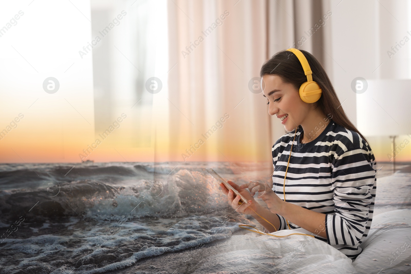 Image of Happy woman listening to sounds of nature which making her feel calm. Double exposure of bedroom and sea waves