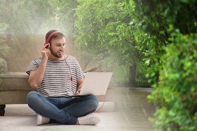 Image of Happy man listening to sounds of nature which making him feel calm. Double exposure of room and landscape